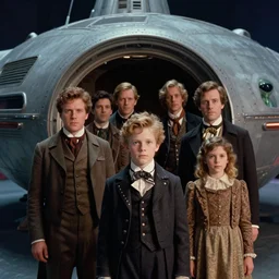 sharp, 35mm still from a synthwave blockbuster movie made in 1990, set in 1860, of a family leaving a spaceship, that has just encountered an alien, wearing: 1850s era clothes, good lighting, 4k, in focus faces, oscar winner, 35mm macro lens