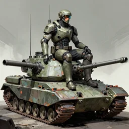 comic book illustration, an android soldier sits on the turret of a futuristic tank, cyberpunk concept art by Moebius, highly detailed, intricate, sci-fi, sharp focus, Trending on Artstation HQ, deviantart