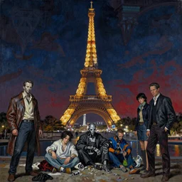 realistic detailed image of a homeless cyborg in Paris, Eiffel Tower, by Ayami Kojima, Amano, Karol Bak, Greg Hildebrandt, and Mark Brooks, Neo-Gothic, gothic, rich deep colors. Beksinski painting, part by Adrian Ghenie and Gerhard Richter. art by Takato Yamamoto. masterpiece