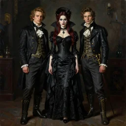 Richard Schmid and Jeremy Lipking full length portrait painting of a young beautiful victorian steampunk vampire woman Elvira Mistress of the Dark
