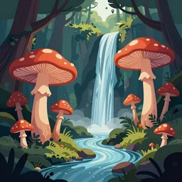 psychedelic mushrooms, enchanted forest, waterfall, clean cel shaded vector art, behance hd by lois van baarle
