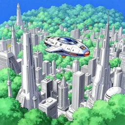 spaceship landing in a futuristic city in grey and white with lush green trees and blue sky, ilya kuvshinov, digital, concept art, kyoto animation, kawaii, yoshitaka amano, studio lighting, manga, vibrant high contrast, gradation, jean giraud, moebius, fantasy, rule of thirds, fibonacci, intricate, cel shaded, flat, matte print