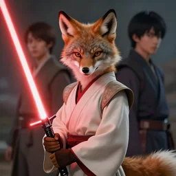 beautiful portrait of a female anthropomorphic coyote fursona wearing jedi robes wielding a red lightsaber. character design by charlie bowater, ross tran, artgerm, and makoto shinkai, detailed, soft lighting, rendered in octane