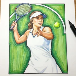 a low angle copic maker art nouveau portrait of a russian girl playing tennis on a grass court wearing a futuristic puffy light purple anorak and a dark latex suit designed by balenciaga by john berkey norman rockwell