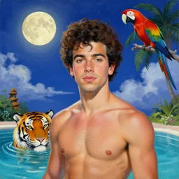 painting portrait of a ( ( ( tequila ) ) ), ( ( guapo joven nick jonas macho with a tiger head poolside ) ), nubes y magia, la luna, parrot, concept character, by greg rutowski and tezuka and oi and mucha and bierstadt and remington, trending on artstation