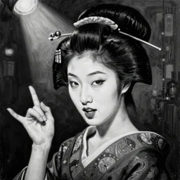 highly detailed black and white realistic painting of a beautiful, geisha, night club, harmony, beautiful face, rule of thirds, spotlight, hand gesture, expressive, passionate, by jenny saville, by greg rutkowski, by lucian freud, by jeremy mann, digital painting, charcoal