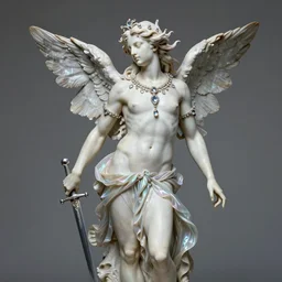 sculpture of a pale lithe muscular androgynous male fairy, long hair flowing in the wind, carrying a sword, diaphanous iridescent silk loincloth, ultra realistic, concept art, intricate and ornate crystal jewelry, highly detailed, photorealistic, in the style of bernini and michelangelo.