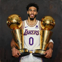 jayson tatum in los angeles lakers jersey, holding the larry o'brien trophy, portrait by william sidney mount, oil on canvas, trending on artstation