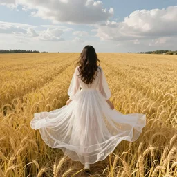 very coherent hyper realistic symmetrical photo, perfect body, aerial shot, a beautiful photo from the back of a petite brunette girl in a transparent sheer fabric white dress standing on a bright yellow rye field, a lot of clouds, trending on artstation, detailed, mild, ethereal, elegant, tender