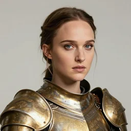 head and shoulders portrait of a female knight, young natalie portman, golden etched armor, lord of the rings, eldritch, by artgerm, alphonse mucha, silken hair, etched breastplate, sharp focus, high key lighting, vogue fashion photo