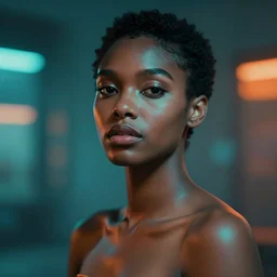 insanely moody vaporwave portrait of a gorgeous african beauty, motion blurred background, teal and orange colors, vaporwave, photorealism, cinema still, photography, porcelain skin, smooth, volumetric studio lighting, portrait photography, award winning photography, vray render, insane details, 8 k high definition, artstation
