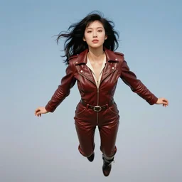 ektachrome, telephoto, highly detailed : incredibly realistic, youthful asian demure floating in the sky, exquisite features, feminine cut, photo 1 9 7 0 s frontiers in flight leather suit cosplay fashion, nick knight, show studio
