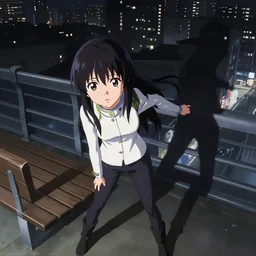 anime visual, portrait of a young female traveler sight seeing above the city exterior at night, bench, guardrails, very low light, cute face by ilya kuvshinov and yoh yoshinari, psycho pass, kyoani, dynamic pose, dynamic perspective, strong silhouette, anime cels, rounded eyes, strong contrasting shadows
