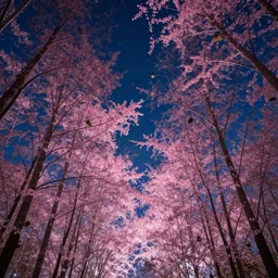 inside forest looking up at trees, pink leaves, birds, high detail, nightsky, stars