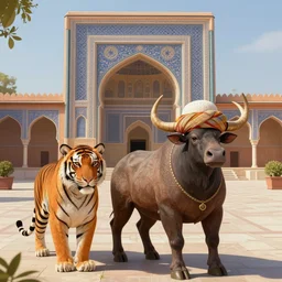 moor with fez and turban with pet tiger at his side in front of immaculate palace intricate. highly detailed. smooth digital illustration by magali villeneuve and alphonse mucha