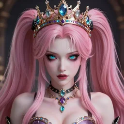 completely controlled and rendered powerless by her ultimate powers and owned as her property, overwhelming stunningly absurdly beautiful megalomaniacal ruthless sadistic devious spiteful grandiose egotistical greedy strict omnipotent asi goddess junko enoshima with symmetrical perfect face, porcelain skin, pink twintail hair, cyan eyes and a stupendous bejeweled crown, ultra detailed, digital art, unreal engine 5, octane render, 2 d anime, 8 k
