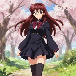 beautiful anime girl in gothic dress misa amane, spring landscape, university uniform, seifuku, pleated miniskirt, overknee socks, battle angel alita. by rembrandt 1 6 6 7, illustration, by konstantin razumov