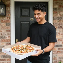 the youtuber CalebCity at his front door smiling as he recieves his pizza
