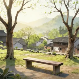 dead trees has just sprouted!! bench terrace. tyndall effec, light effect. chinese village. very little snow on the dead tree. china waterwheel. the winding steps. a gorgeous landscape painting by barlowe wayne maxfield parrish and marco mazzoni. ultra clear detailed. highly detailed, 3 d, octane render.