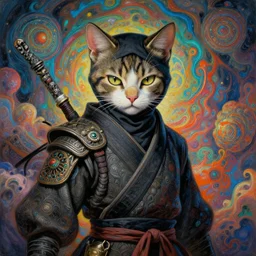 a cat human hybrid creature ninja warrior, intense intricate detail, beautiful and gorgeous design, cinematic composition, painting masterpiece by rembrandt, michelangelo, junji ito, yoji shinkawa, takehiko inoue, psychedelic imagery background, fractal clouds