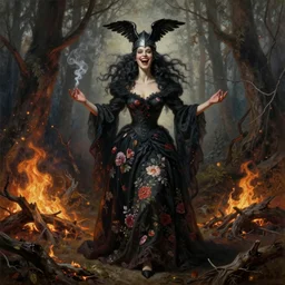 full body shot, malevolent witch facing front laughing maniacally, smoke hair, crow helmet, floral dress, dead forest on fire, fantasy, intricate, photorealistic, elegant, stylish, highly detailed, smooth, sharp focus, illustration, oil painting by rembrandt