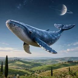 highly detailed cinematic scifi render of a flying whale over the tuscany skies, cypresses and hills, stars and planets, hyper detailed, digital art, cinematic lighting, studio quality, smooth render, unreal engine 5, octane render, trending on artstaion.