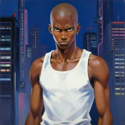 oil painting, yoji shinakawa, studio gainax, bald african-american male teenager wearing a white tank-top, cyberpunk city, badass