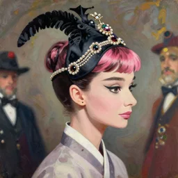 anime, masquerade, korean, audrey hepburn, intricate oil painting, trending on artstation, john singer sargent, greg rutkowski, side profile, pink hair