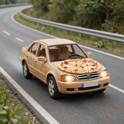 A car made out of pizza driving on a road