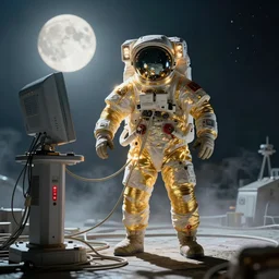 astronaut with golden linings, entangled by a lot of cables, connected to a supercomputer designed by Dieter Rams, cinematic lighting, haze, moonlight, strong shadows, octane render, lens flare, red leds