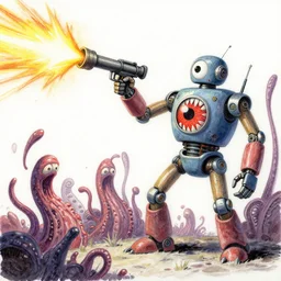 An absurdly detailed gouache painted and colored-marker drawing of a robot-person with an arm-cannon firing energy-bolts and meat-teeth-eye-body-horror-tentacle-creatures