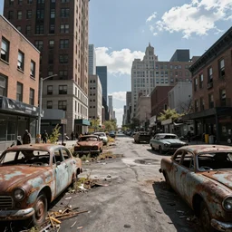 wide angle shot of dilapidated fallout 5 new york city in real life, desolate with zombirs, dilapidated, empty streets, nightmarish, some rusted retro futuristic fallout vintage style parked vehicles, sunny weather, few clouds, volumetric lighting, photorealistic, daytime, autumn, sharp focus, ultra detailed, cgsociety