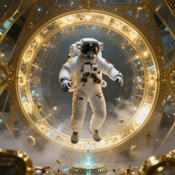 floating astronaut in golden suite, beautiful, stunning, breathtaking, mirrors, glass, magic circle, magic doorway, fantasy, mist, bioluminescence, hyper - realistic, unreal engine, by albert bierstadt,