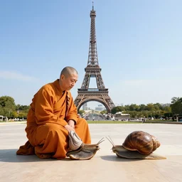 buddhist monk fighting a snail in front of the eiffel tower, 4 k wide angle photograph
