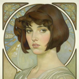 intricate art nouveau painting : beautiful dark - haired woman journalist alex wagner in a chin - length bob hairstyle, little black dress, soft light, holding a 1 9 4 0 s microphone, and mischievous smile, by mucha, rutkowski. manara, serpieri, wlop,