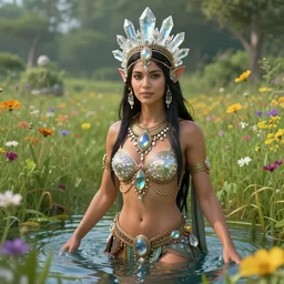 a highly realistic detailed beautiful divine tribal high priestess and water with adornments of crystals in a lush field of flowers, wide and hdr zbrush, h 5 1 2