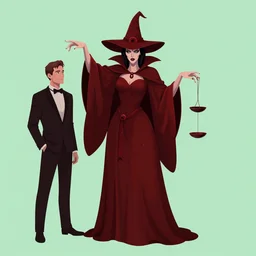 vampire witch, puppet master, full body shot, dark red, light green, Dan Mumford, Peter Mohrbacher, Alfons Mucha, antasy character, detailed illustration, hd, 4k, digital art, overdetailed art, concept art, trending on artstation