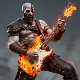 screaming kratos rocking out on a flaming stratocaster guitar, cinematic render, god of war 2 0 1 8, playstation studios official media, lightning, flames, left eye stripe, left eye stripe, left eye stripe, left eye stripe, clear, coherent