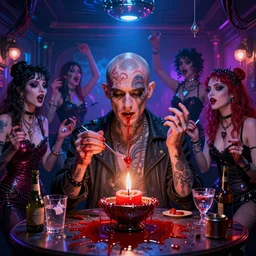 portrait of bald british man surrounded by tweakers!! addicts!! groupies! performing ritual blood!! magic! interior of goth club electric lighting greg rutkowski artstation hdr vivid color vaporwave ( alphonse mucha )