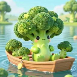 a cute and friendly broccoli - creature with beautiful eyes relaxing on a boat on the river with his broccoli - creture friends, fantasy style, 4 k, octan render, ultrarealistic