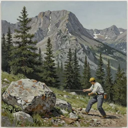 a Pulling and scrapping painting of a rugged mountain landscape with fir trees, rocks and bushes