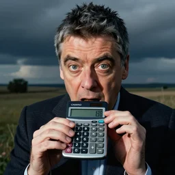 funny photo of rowan atkinson trying to eat calculator casio calculator calculator calculator calculator, close up