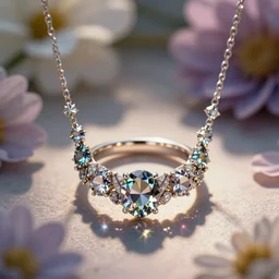 intricate! organic, nordic wedding ring, necklace, gemstones, dreamy floral background, refraction, occlusion, lower and upper levels, octane render, vray render