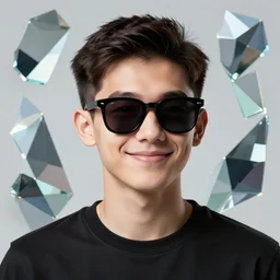 Gigachad. Rule of thirds. Badass. Cool. Neat. Wearing stylish sunglasses. Charming smirk. Charming smile. In the style of faceted glass geometric abstract art. 4k. HDR. Award-winning. Raytracing. Global illumination. Ambient occlusion. Blue color scheme. Octane render of a cool abstract geometric head forum avatar character. Futuristic. badass. interesting. intriguing. stylish.