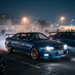 a car JZX90 twin turbo drift at illegal car meet, Saitama prefecture, city midnight mist lights, cinematic lighting, photorealistic, highly detailed wheels, high detail