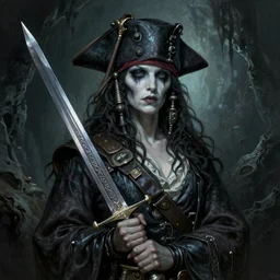 portrait of a ghostly pirate, head and torso, standing in a grotto, holding a sword, intricate, elegant, highly detailed, lovecraft, digital painting, artstation, concept art, smooth, sharp focus uhd 8 k, dark, atmospheric, santiago caruso, chris cunningham