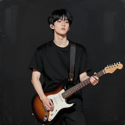 minimal brush painting of a young korean man wearing black t shirt holding a telecaster electric guitar!!, dark background, huge dramatic brush strokes, matte colors, abstract, masterpiece, trending on artstation