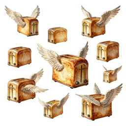 a hyper detailed illustration of a flock of flying toasters with wings, elegant, illustration, digital painting, 8 k, fine detail, artstation, art by greg rutkowski, jack kirby, albert aublet, frank herbert, and alphonse mucha