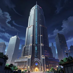 city in the style of cyberpunk, singular gigantic building focus, space sky, anime illustration, jack sparrow