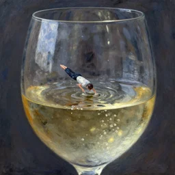 a tiny diver diving into a huge glass filled with white wine by claude monet